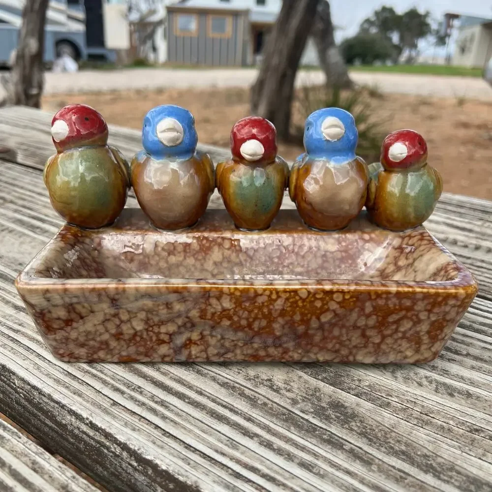 Vintage Hand Painted Ceramic Bird Tray Rustic Pottery Catchall Farmhouse Dish
